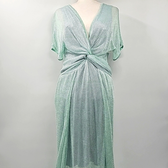 Cecilia Prado Metallic Mint Green Sheer Mesh Maxi w Knot Front High-Low Hem - Picture 1 of 16